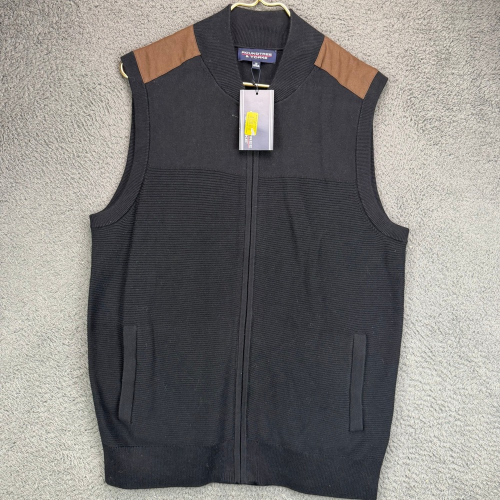 Roundtree & Yorke Mens Black Full Zip Ribbed Knit Vest Brown Suede Trim M NEW